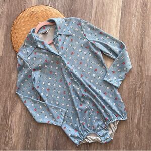 Vintage 1970’s retro floral‎ printed bodysuit play suit women’s size L